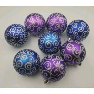 8pc Christmas Tree Ornaments Shatterproof Purple Blue Silver Glitter Swirl Ball‎